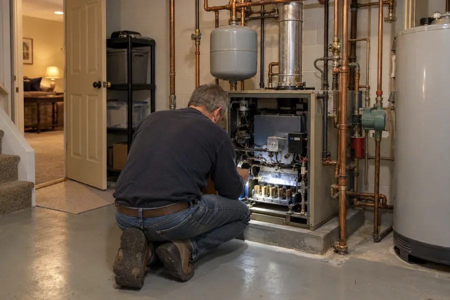 Technician checking a gas boiler in a finished basement utility room