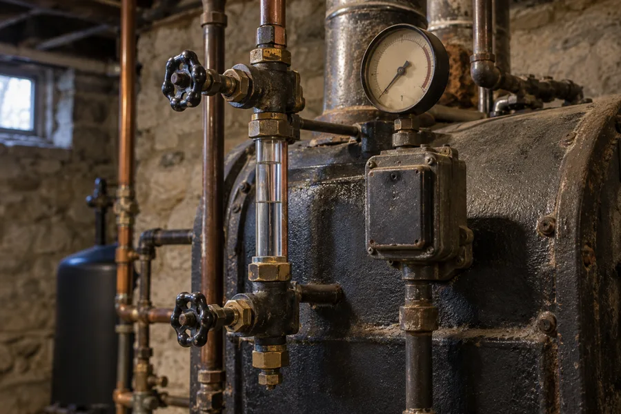 Old steam boiler sight glass in a farmhouse basement