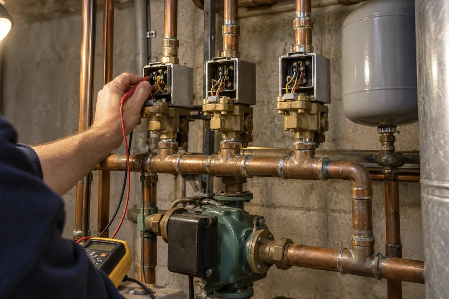Zone valves and circulator pump on a multi-zone boiler
